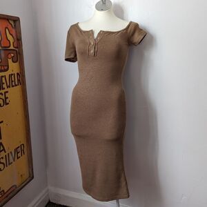 Beige Asymmetrical Short Sleeve Bodycon Midi Dress Size XS